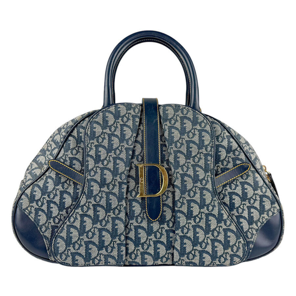 Christian Dior Trotter Double Saddle Bag Canvas Leather Handbag Navy Blue Gold